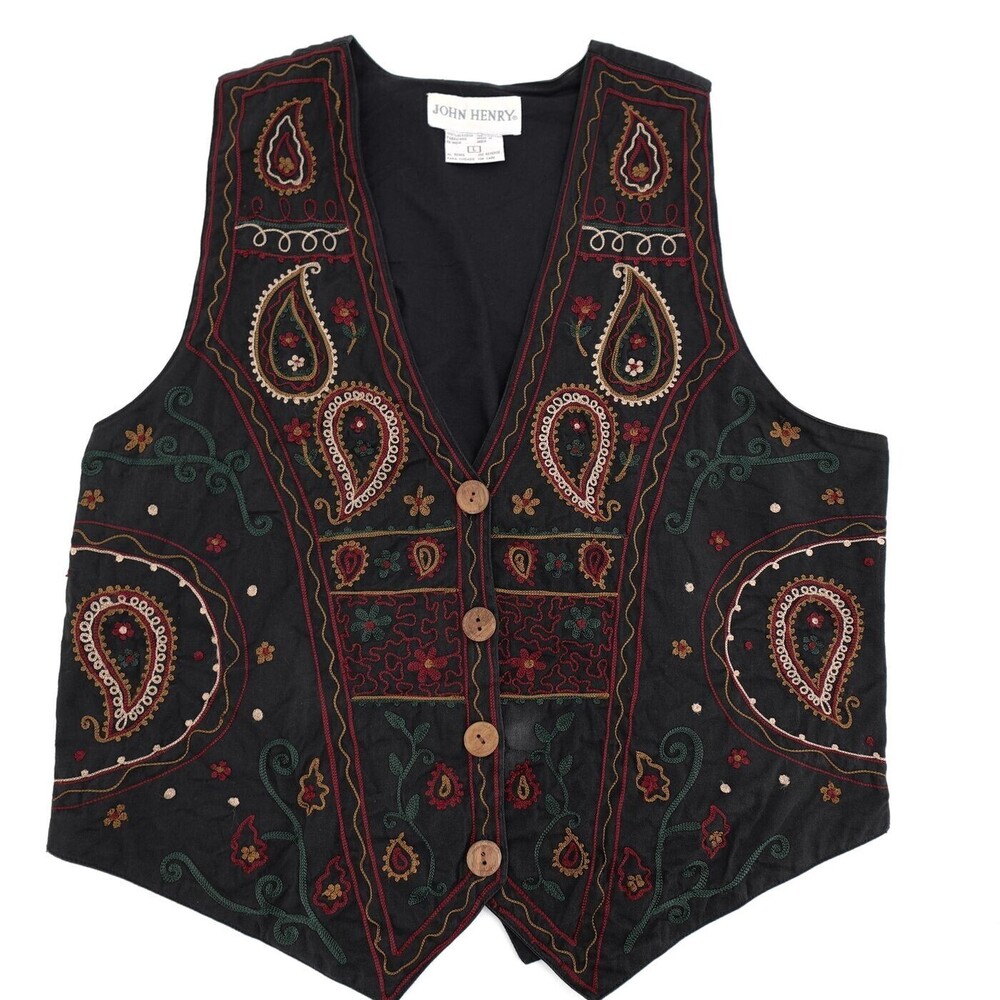 John Henry Vest Womens Large Black Paisley Embroidered Boho Vintage Button